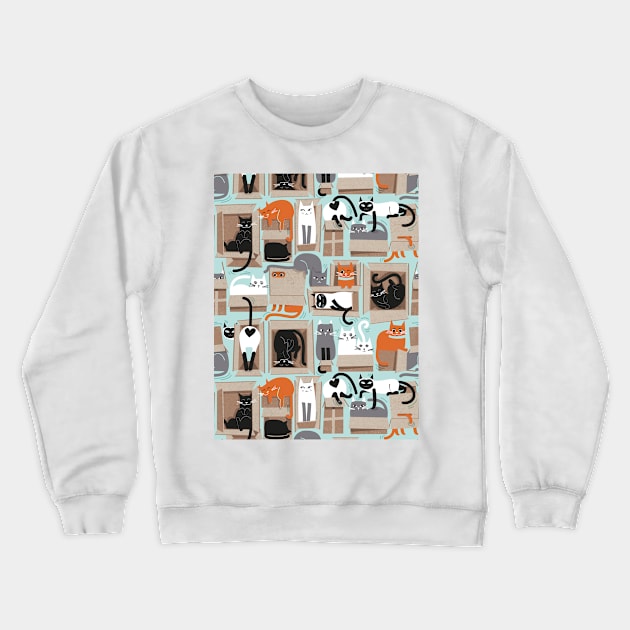 Purfect feline architecture // pattern // aqua background cute cats in cardboard boxes Crewneck Sweatshirt by SelmaCardoso